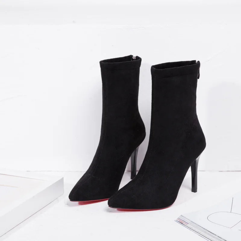 2023 Autumn Winter Heel Velvet Short Boots Pointed Toe Solid Thin Zpaxo
