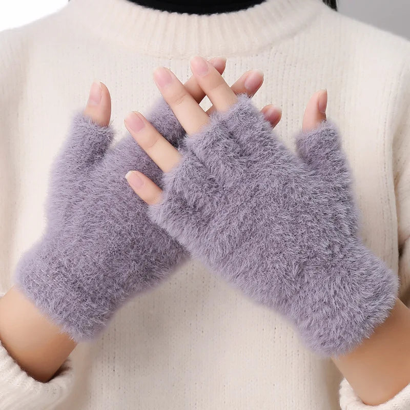 Women Men Half Finger Winter Imitation Mink Cashmere Gloves Touch Screen Writing Woolen Warm Mittens For Driving Outdoor Sports Zpaxo ST016-Gray