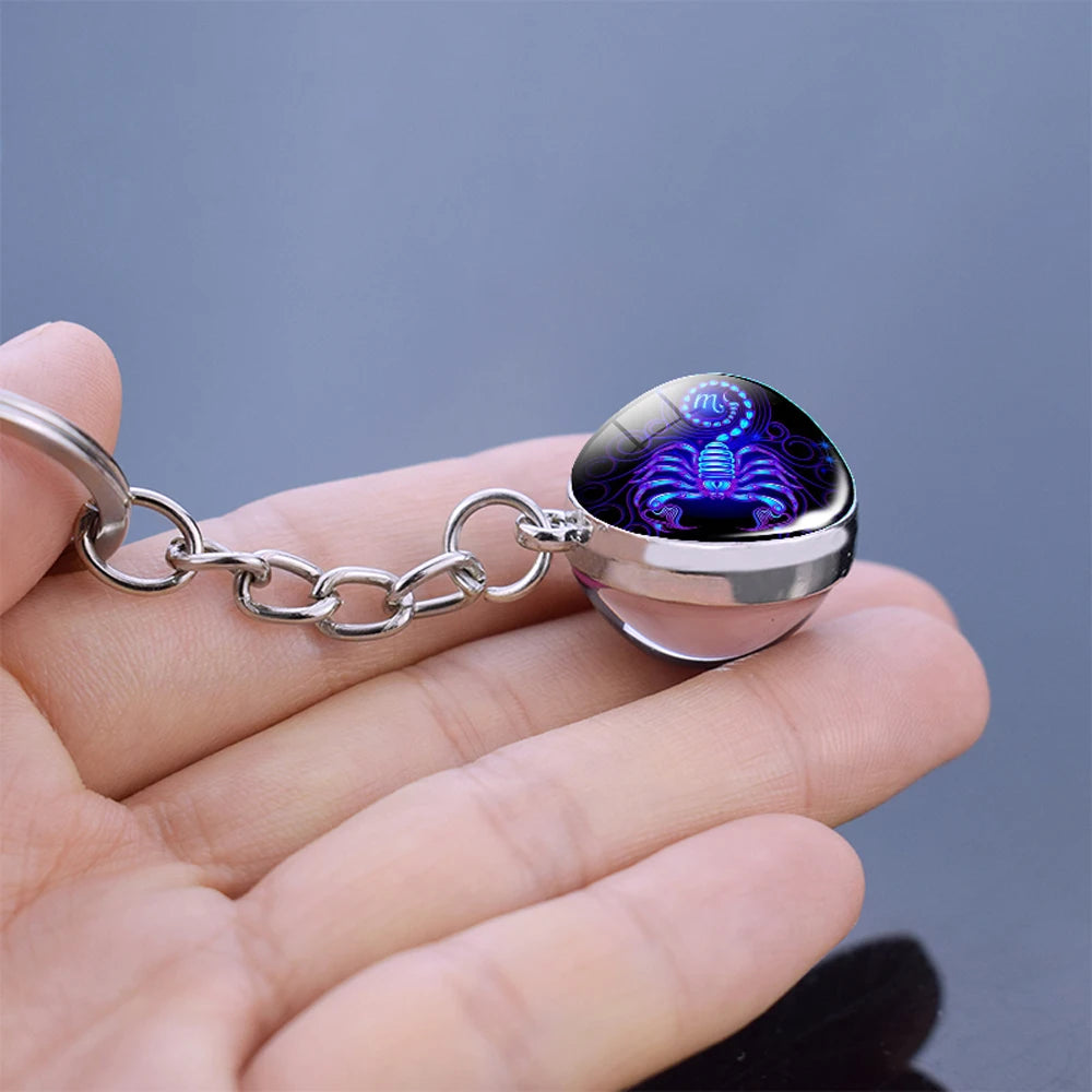 Birthday Gift Jewelry Luminous Double Side For Women Scorpio 12 Constellation Zodiac Keychain Glass Ball Keychain Key Rings Zpaxo