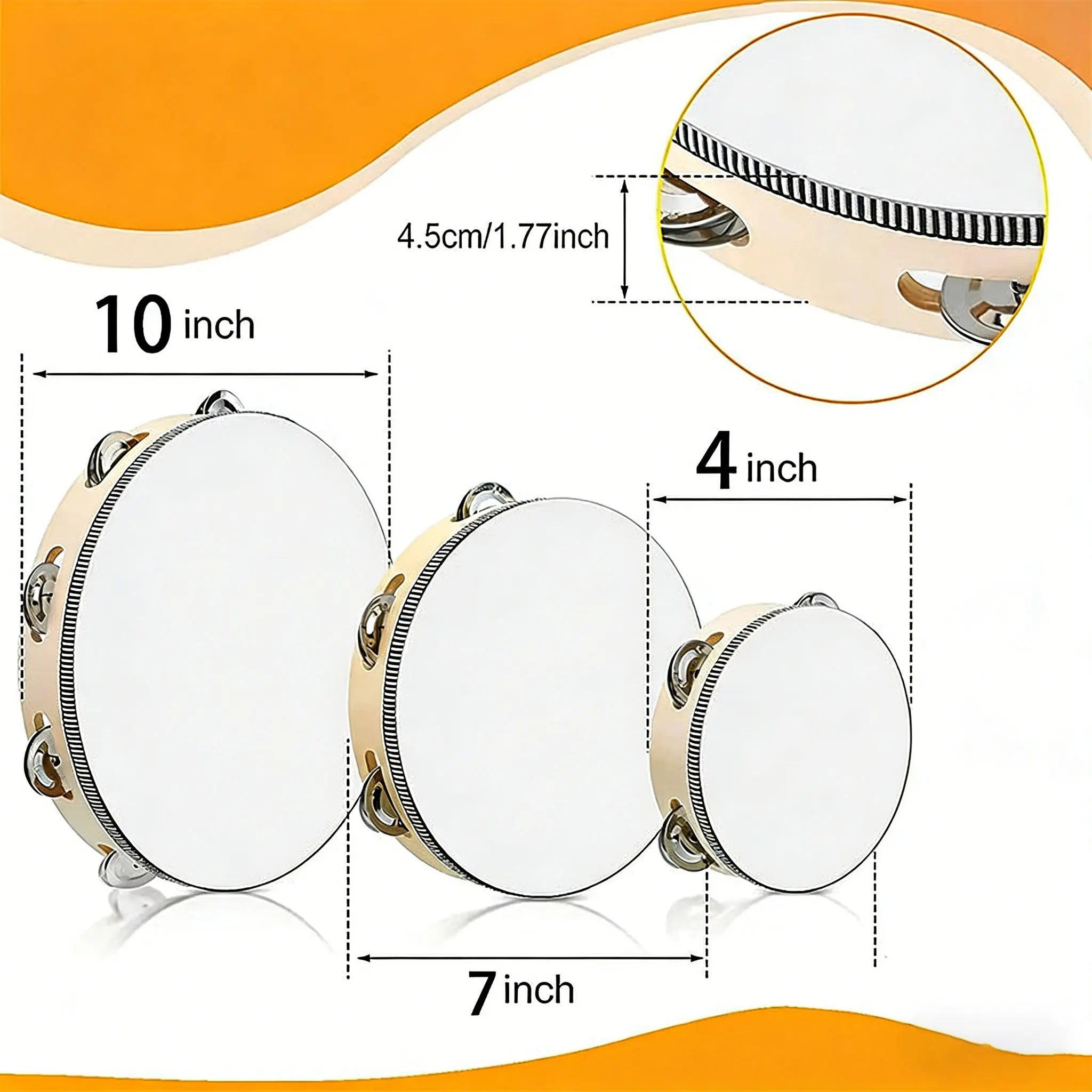 4 7 Tambourine Drum Wooden Hand Held Metal Jingles Percussion Musical