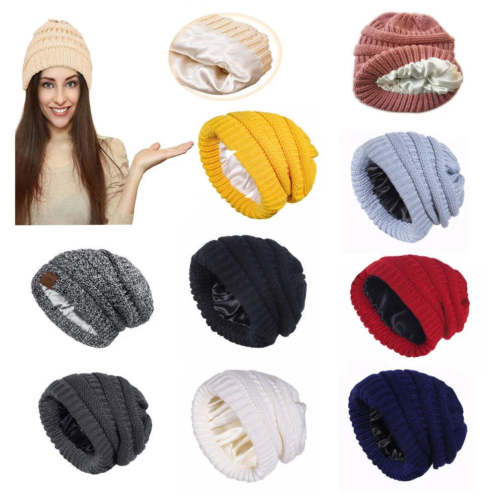 Satin-Lined Double-Layer Knit Beanie – Windproof Winter Hat