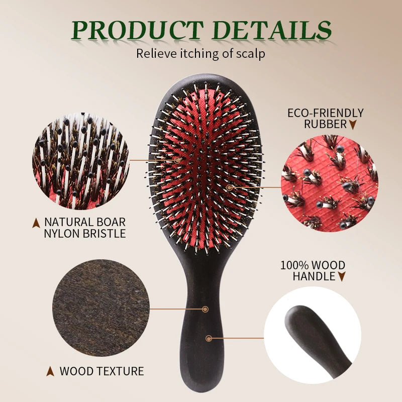 Boar bristle Hair Brush Women Custom Name Detangling Hair Brush For Curly Hair Wooden Comb Head Scalp Massage Hair Comb Zpaxo