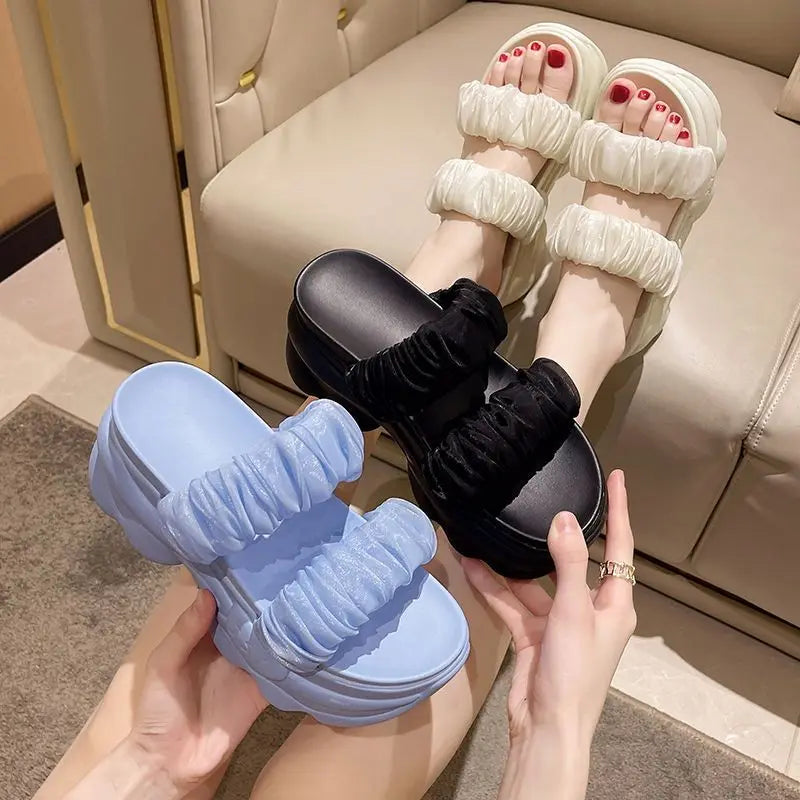 CINESSD Summer Platform Slippers Women Blue Pleated Riband Discolor Zpaxo