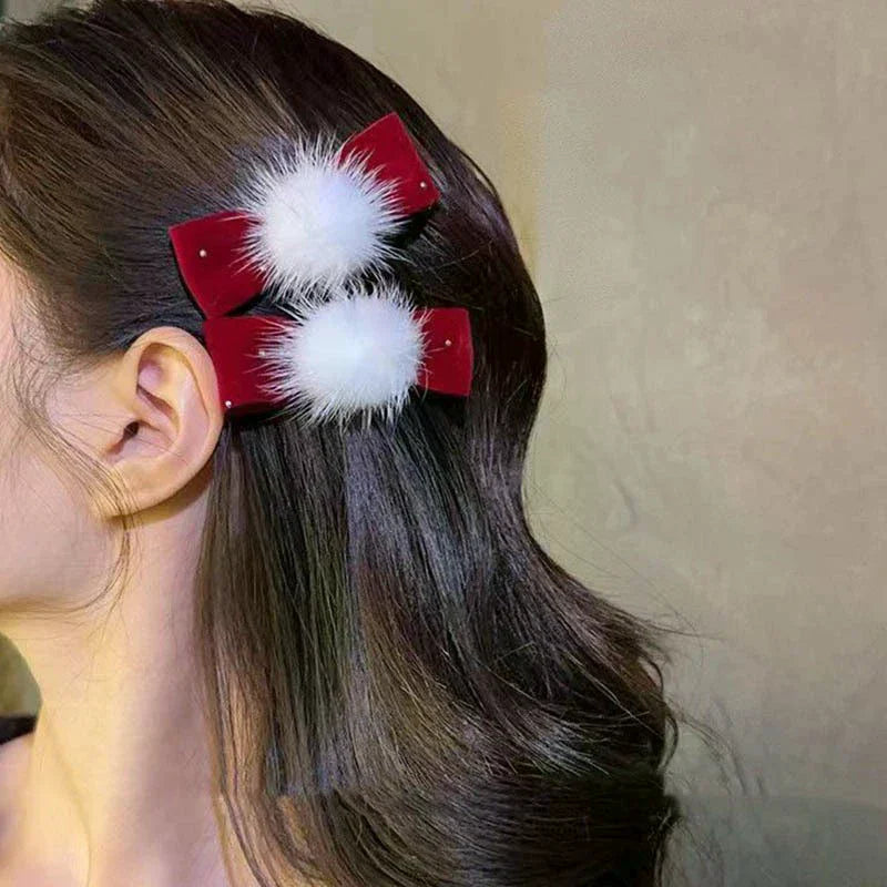 Red Velvet Bow Hair Pins Alloy Heart Clips Kids Girls Pompom Zpaxo