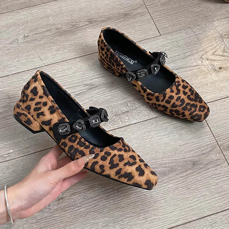 Pumps Shoes Women 2025 Spring Autumn Square Toe Love Leopard Pattern Diamond Belt Shallow Mouth Mary Jane Single Shoes for Women Zpaxo