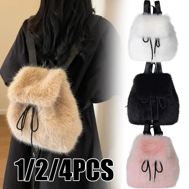 Design Faux Fox Fur Backpack Women Drawstring Flap Magnetic Closure