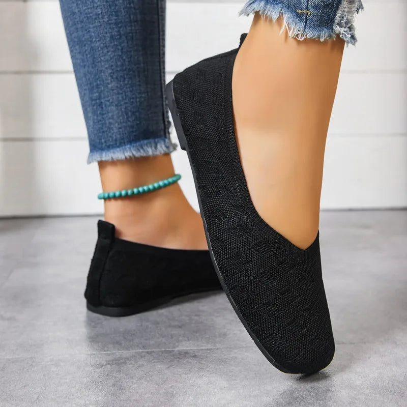 2026 Spring Autumn Square Toe Flat Office Boat Solid Knitted Slip