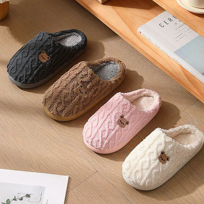 Winter Fluffy Shoes Women Cotton Slippers Cartoon Bear Thick Sole