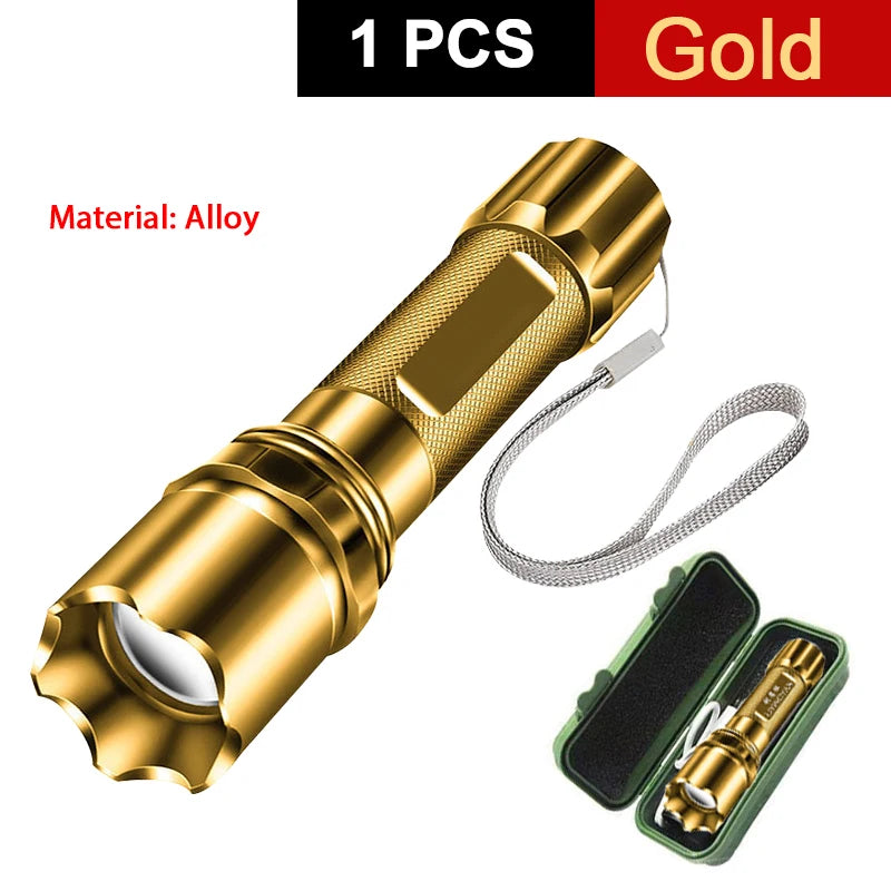 Rechargeable Mini Led Flashlight Zoomable Portable Outdoor Camping Zpaxo 1PCS-Alloy Gold