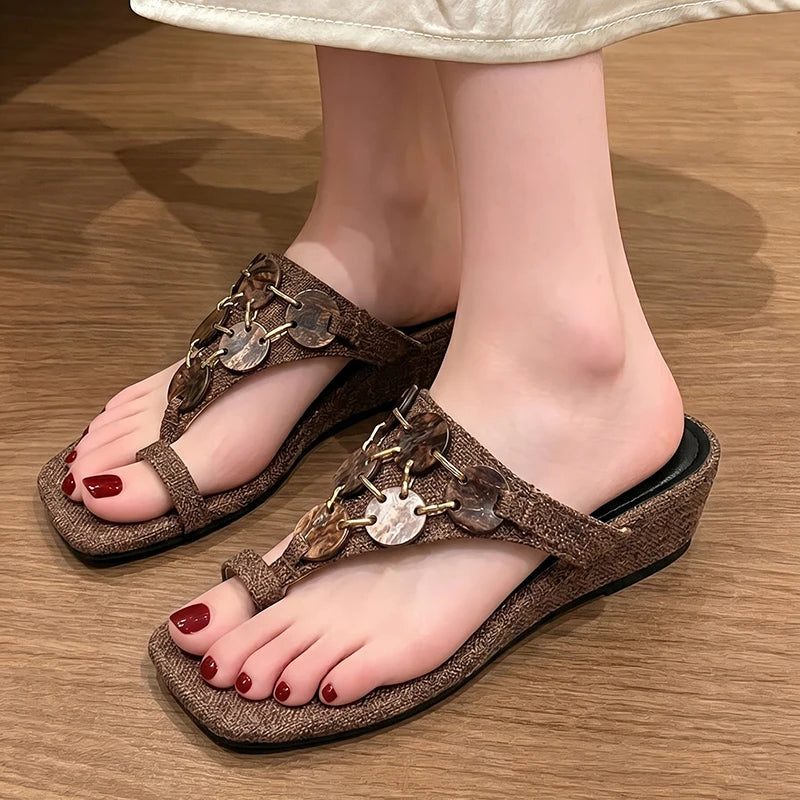 Bohemian Women's Square Toe Loop Vintage Comfortable Wedge Heel Zpaxo