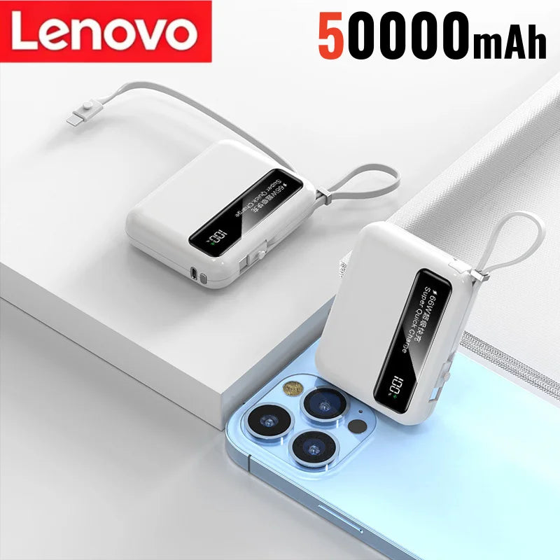 Lenovo 50000mAh 66W Power Bank Built-In Dual USB-C Cable Fast Charge Digital Display Power Bank For iPhone Samsung Zpaxo White 50000mAh 30001mAh-50000mAh