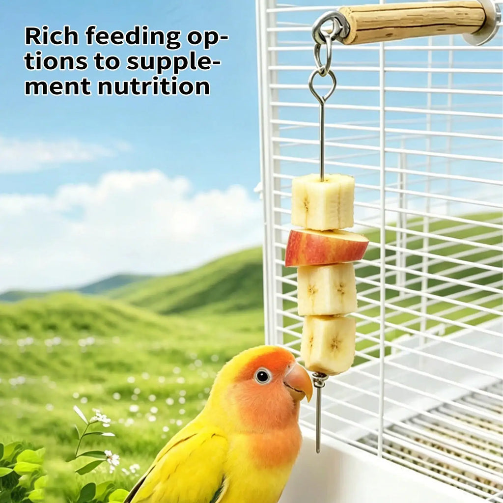 Parrot Feeder Stainless Steel Foraging Fork Wooden Perch Parakeet