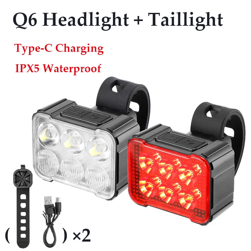 Bicycle Headlight Taillight Mountain Bike Night Ride Lamp Charging Strong Front Light Road Rear Lamp Riding Bicycle Accessories Zpaxo Q6-SET
