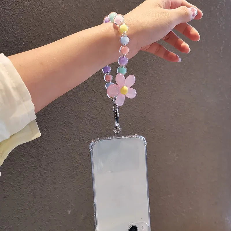 Colorful Flower Beads Anti-lost Lanyard Bracelet For Mobile Phone Case Wrist Strap Lanyard Phone Keychain Portable Wrist Pendant Zpaxo