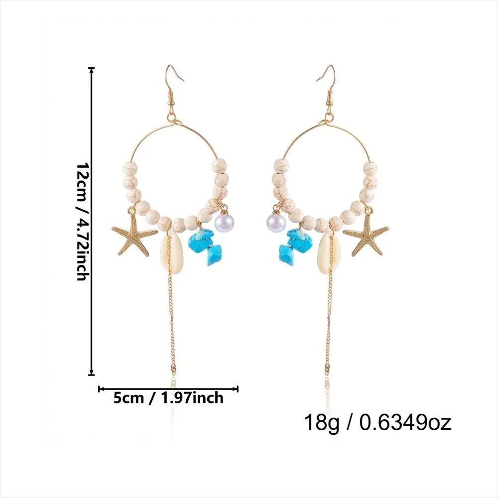 Summer Handmade Woven Hoop Earrings Boho Style Beaded Drop Earrings with Spotted Shell Beach Vacation Ear Pendant Women Jewelry Zpaxo