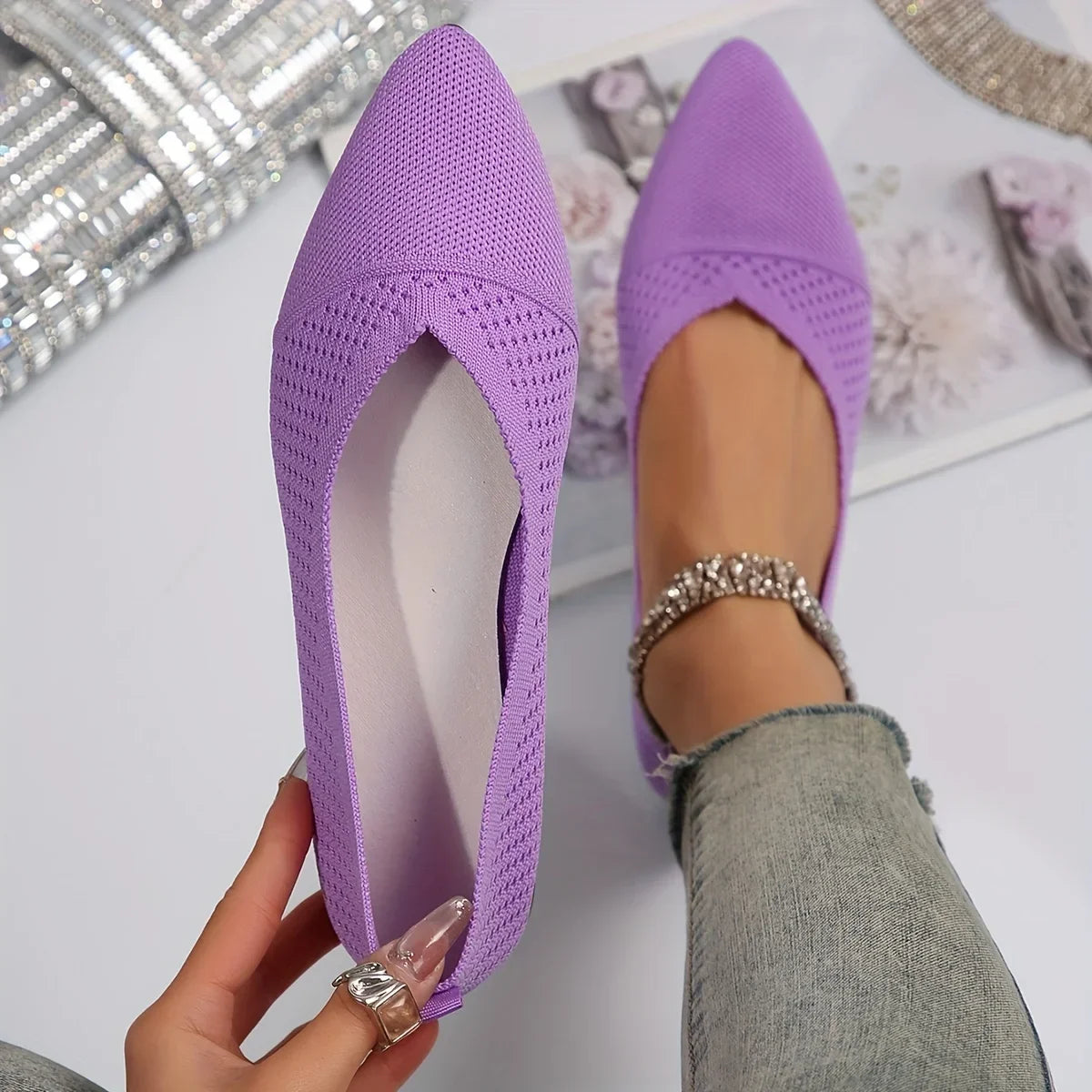 Women Flat Shoes Solid Color Knitted Slip on Loafers Women Pointed Toe Ladies Shoes Casual Breathable Ballet Women Flat Shoes Zpaxo Purple 43