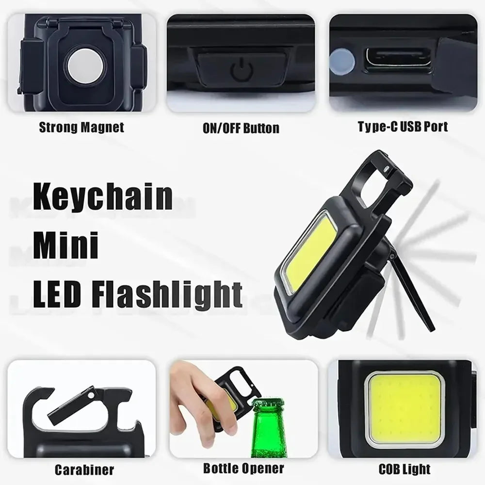 Mini COB LED Keychain Flashlight – USB Rechargeable, 800 Lm