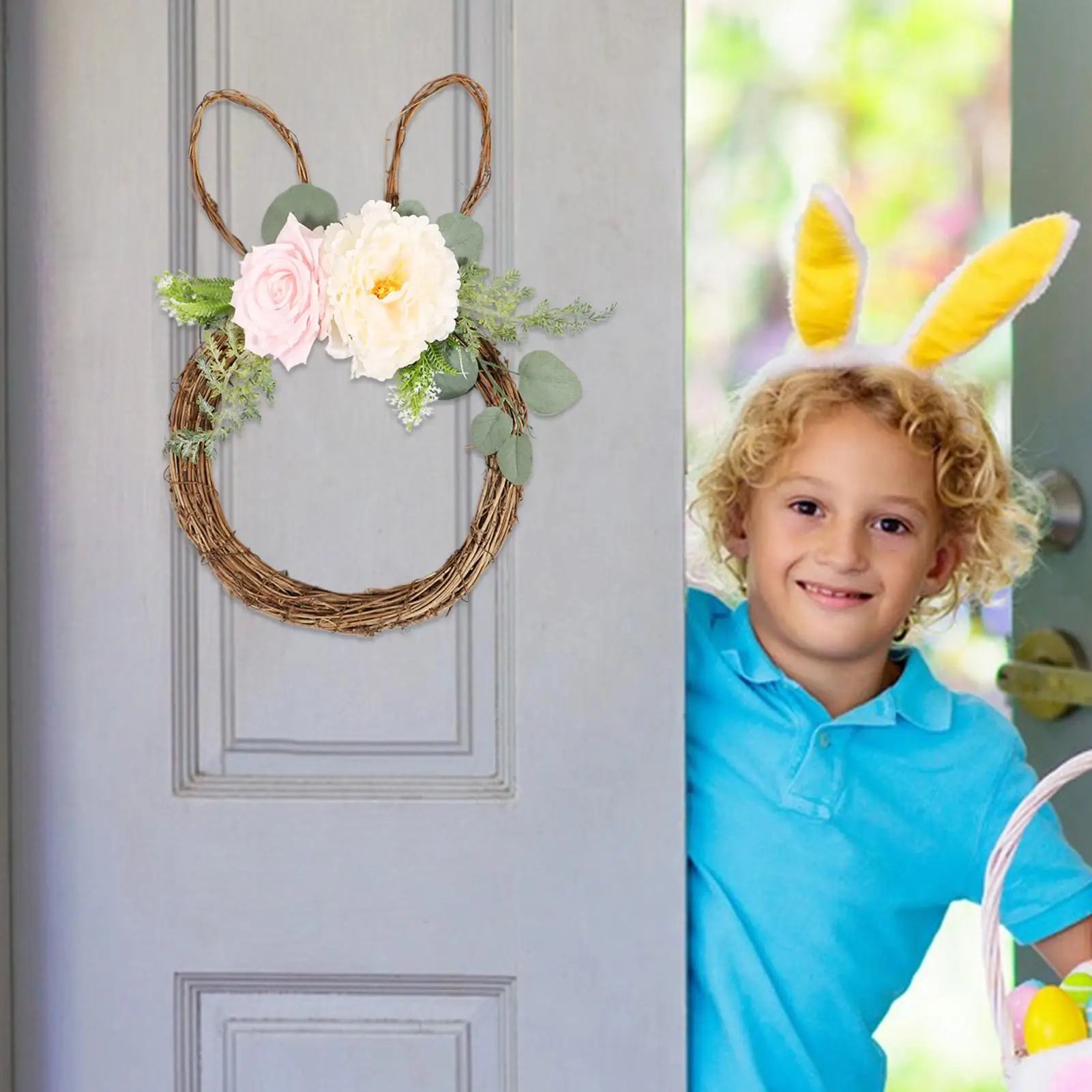 Easter Bunny Shaped Wreath Welcome Rabbit Shape Hanger Front Door