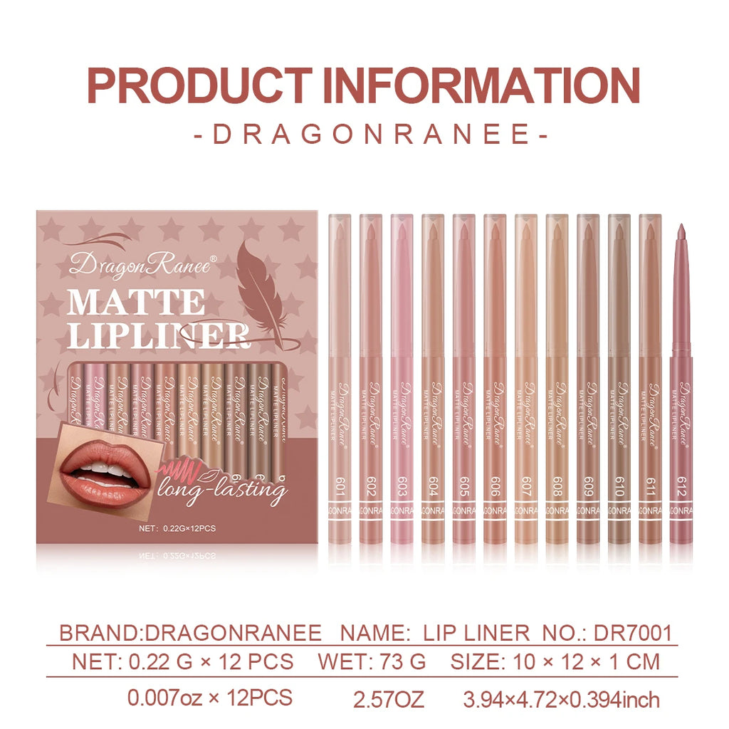 12-Piece Lip Liner Set for Beginners, Natural and Delicate Lip Shaping, Waterproof Matte Nude Color Lip Liner Set Zpaxo