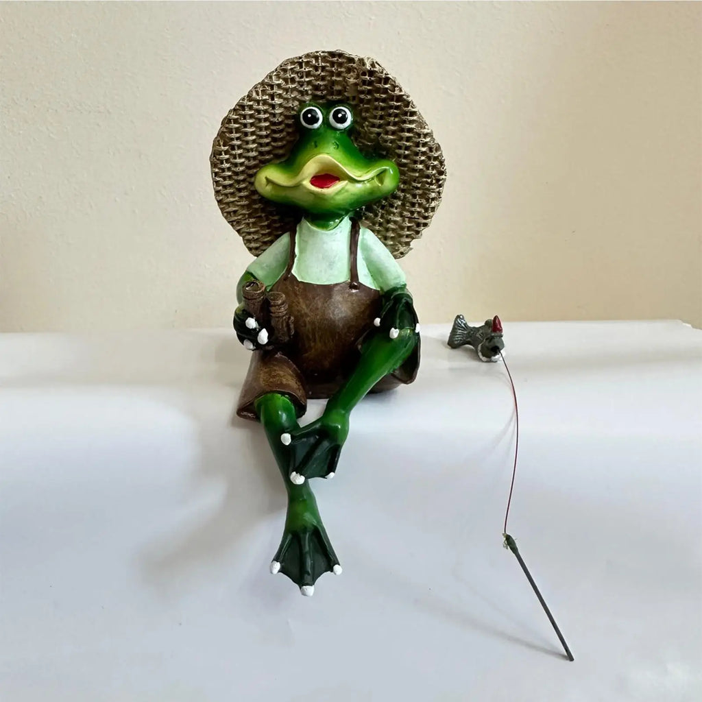 Flower Pot Decorations Fishing Pose Resin Dwarf Statue Frog Outdoor