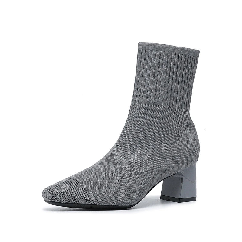 Black Square Toe Knit Sock Boots Elastic Slim Thick Block Heel Heels Zpaxo