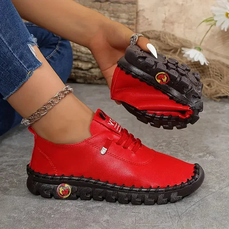 New Women Sneakers Comfortable Soft Leather Loafers Shoes for Women Hand Sewing Thread Mom Shoes Fashion Outdoor Sneakers Women Zpaxo Red 42