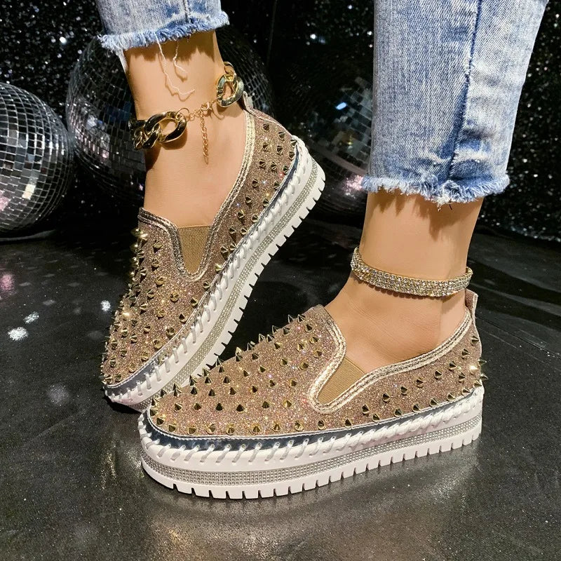 Lazy Seal Bling Women Flats Shoes Lovers Rivets PU Leather Loafers Zpaxo