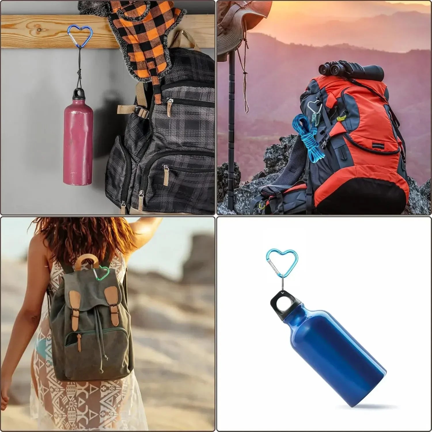 10- Heart Shaped Carabiner Aluminum Alloy Clip Backpack Water Bottle