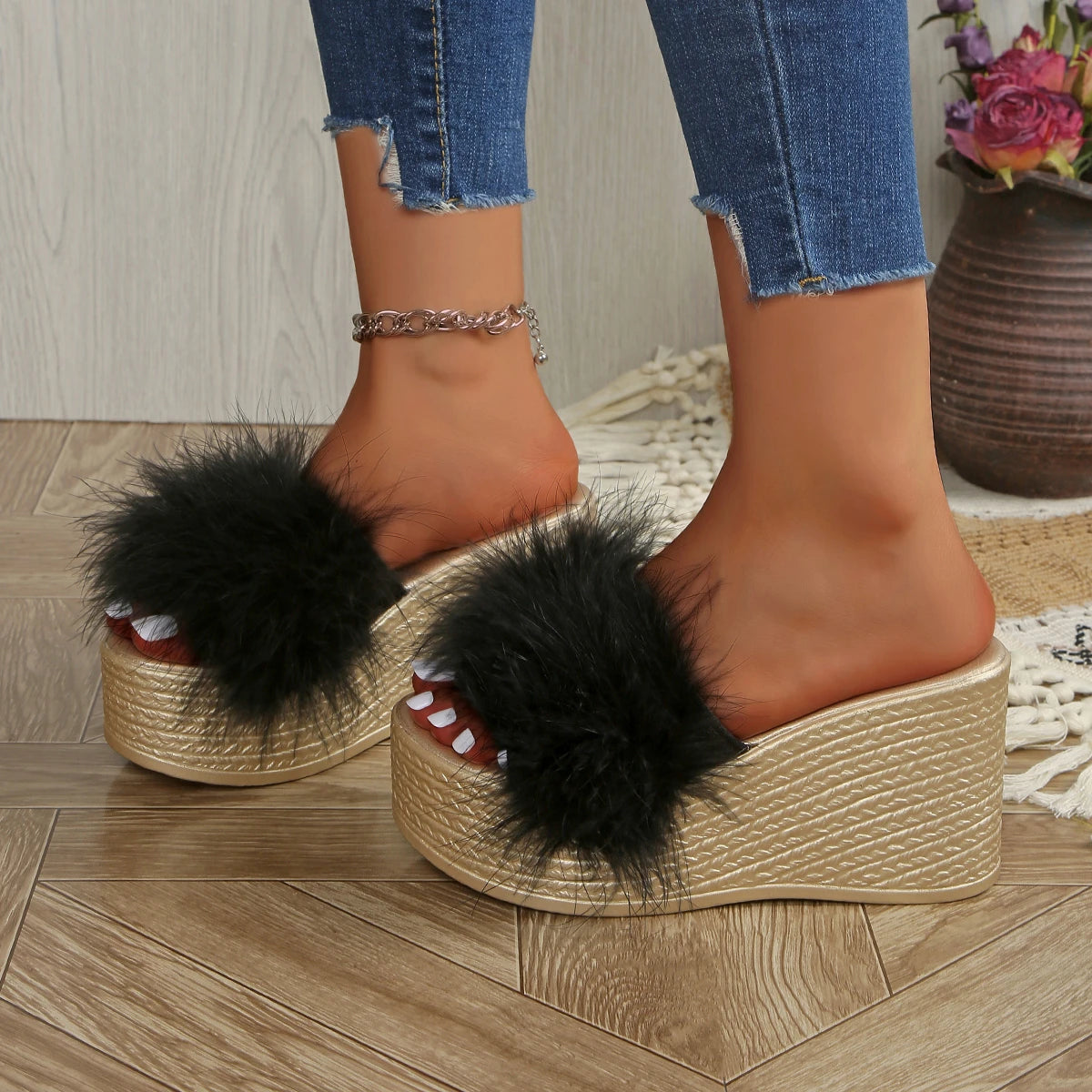 Women Sandals Outdoor Faux Fur Furry Fashion Luxury Platform Fluffy Zpaxo black 36