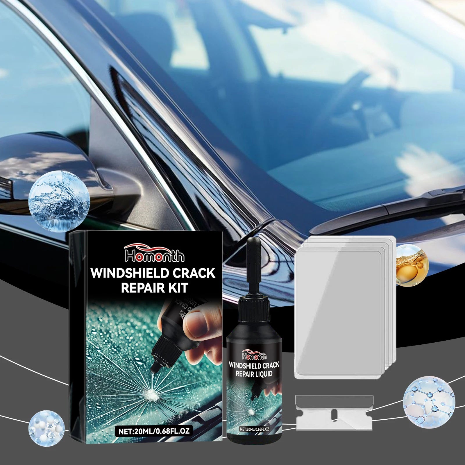 Windshield Chip Repair Kit with 1 Blade 5 Curing Films Glass Repair Liquid for Fixing Chips and Star Shaped Crack Zpaxo