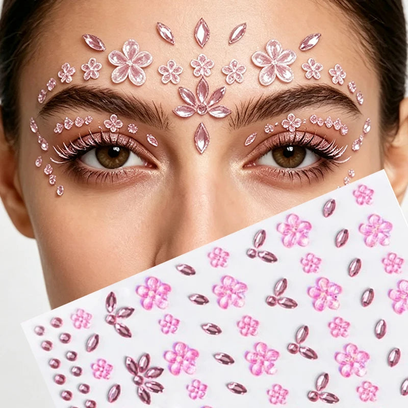 1/6 Sheet New Flower Face Sticker 3D Petal Rhinestone Eye & Face Tattoo Sticker Self Adhesive Crystal Jewel Diamond Stickers Zpaxo Pink
