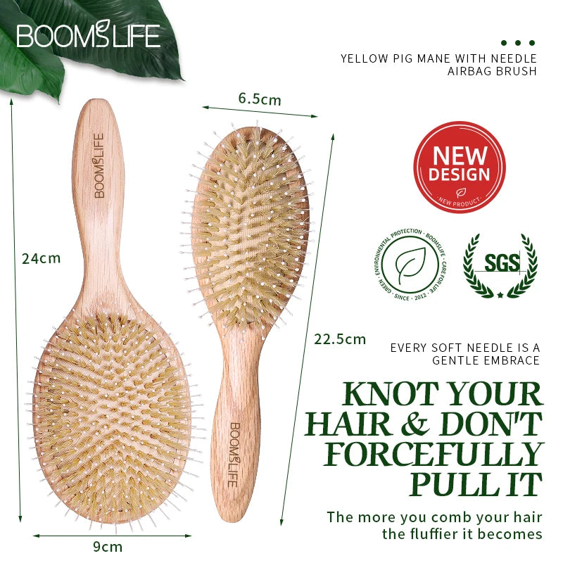 BOOMSLIFE Boar Bristle Hair Brush Mix Nylon Oak Wooden Comb for Hair Women Custom Name Scalp Massage Detangling HairBrush Barber Zpaxo