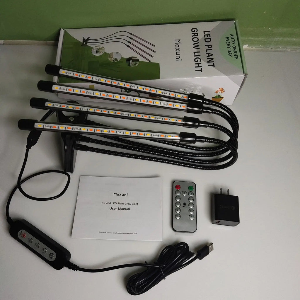 Full Spectrum LED Grow Light 4-Head 40W Dimmable + Remote