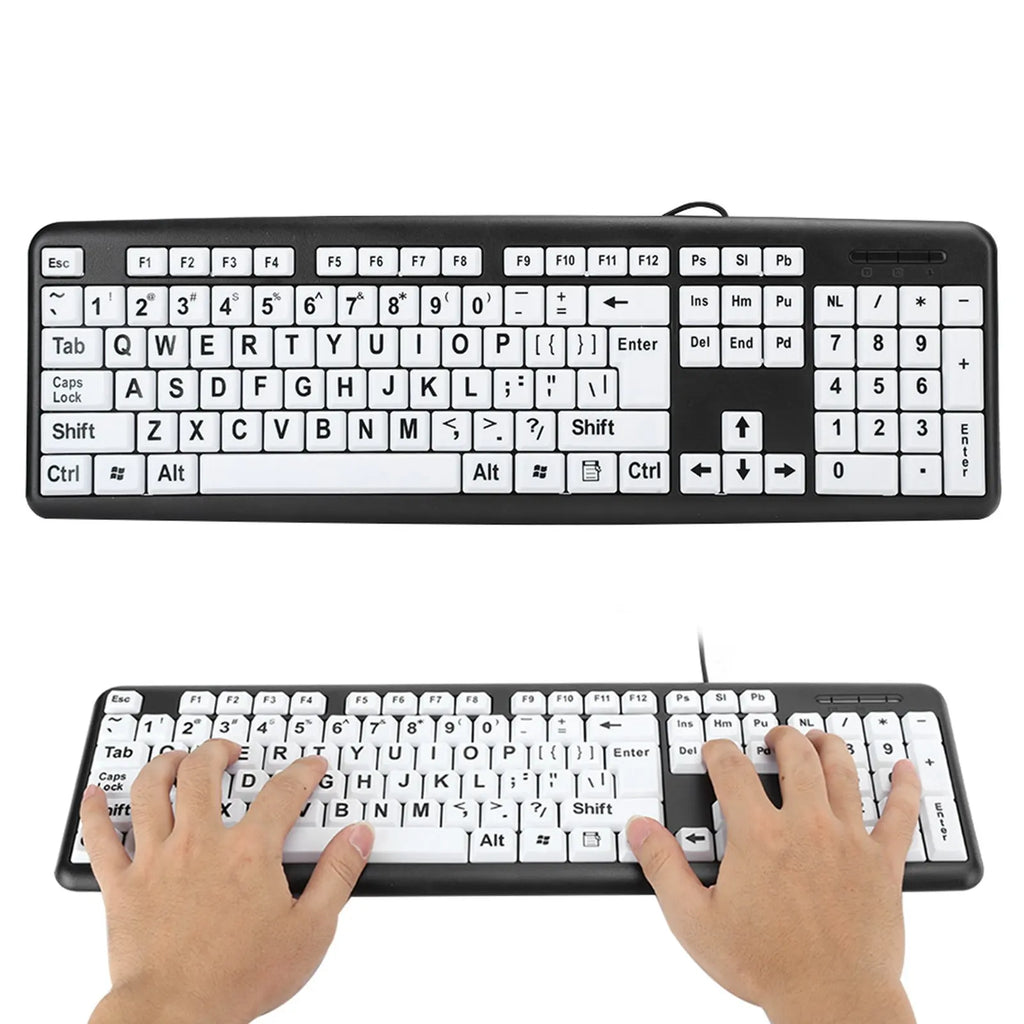 Black Low Vision Keyboard USB Wired Old People White Large Print Keys