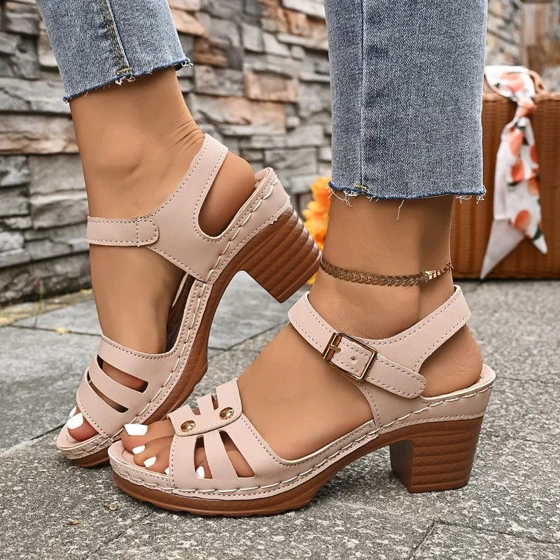 2026 Women's Chunky Heel Sandals Summer Fashion Heels Women Solid Zpaxo Khaki 38