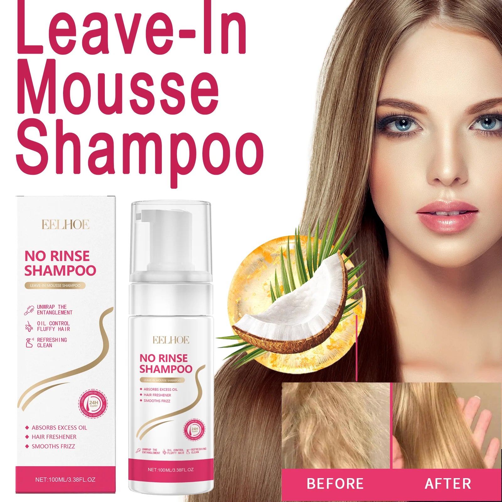 EELHOE Leave-In Mousse Shampoo Convenient Deeply Nourish Hair Unique Fresh Aroma Remove Odor Make Your Hair Fluffy Plump 100ml Zpaxo 5 Pcs