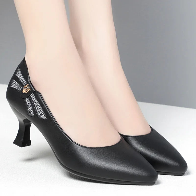 Leather Women's Shoes 2023 Spring Single Work Mid-high Heel All-match Zpaxo