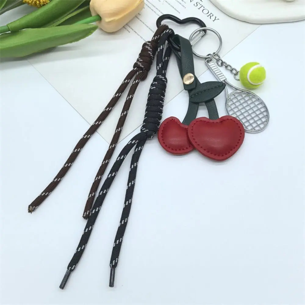Girl Heart Braided Rope Keychain Hand-Woven Anti-Lost Cherry Shaped Bag Pendant Ornament Handmade Tennis Racket Key Chain Zpaxo