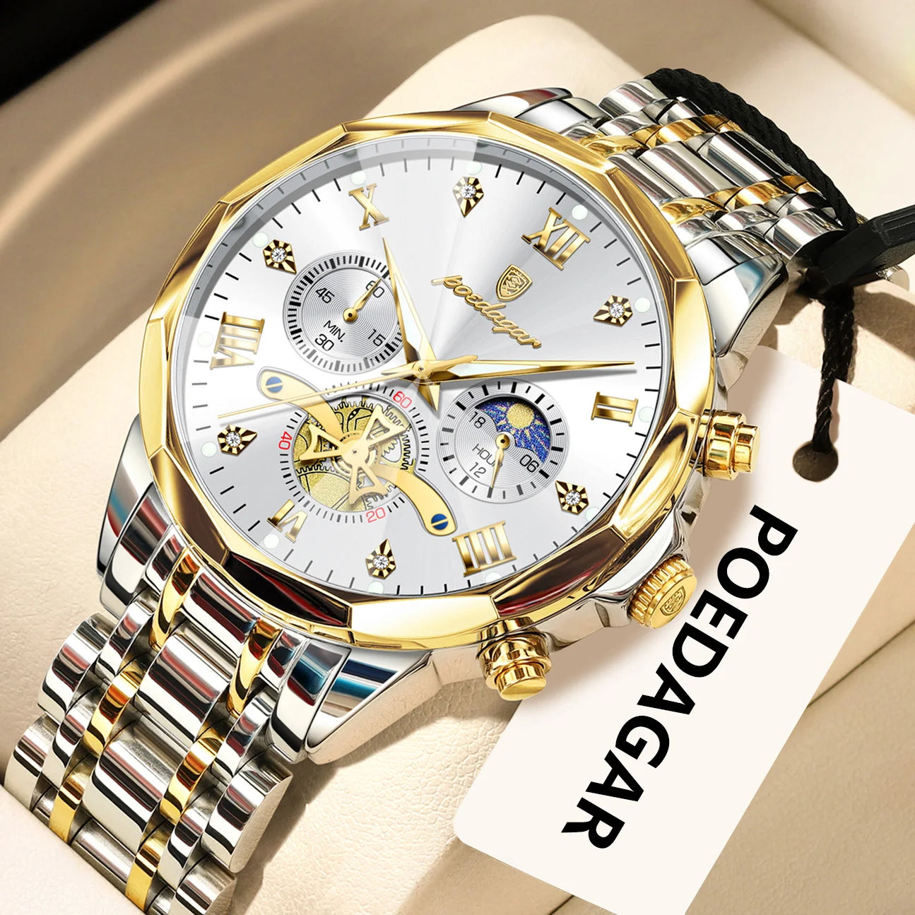 POEDAGAR Luxury Original Men Watch Waterproof Luminous Chronograph Man Wristwatch Stainless Steel Quartz Top Men's Watches Reloj Zpaxo 938 Gold Gold White