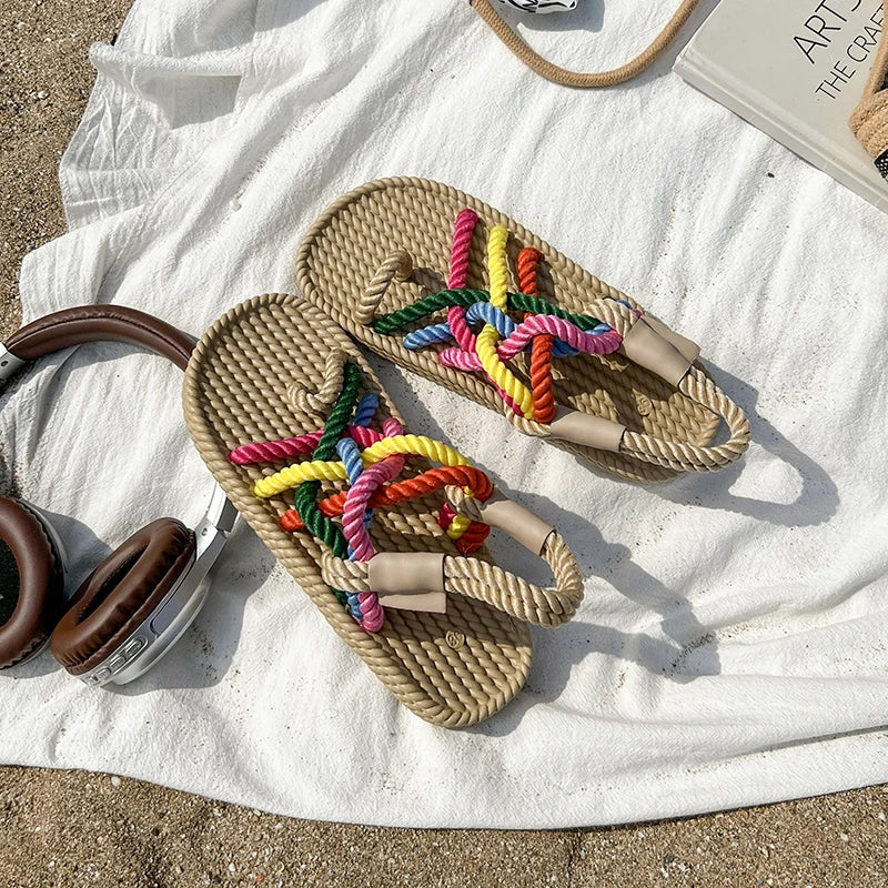 2026 Summer Women's Hemp Rope Woven Sandals Roman Rainbow Bohemian Zpaxo colored beige 39