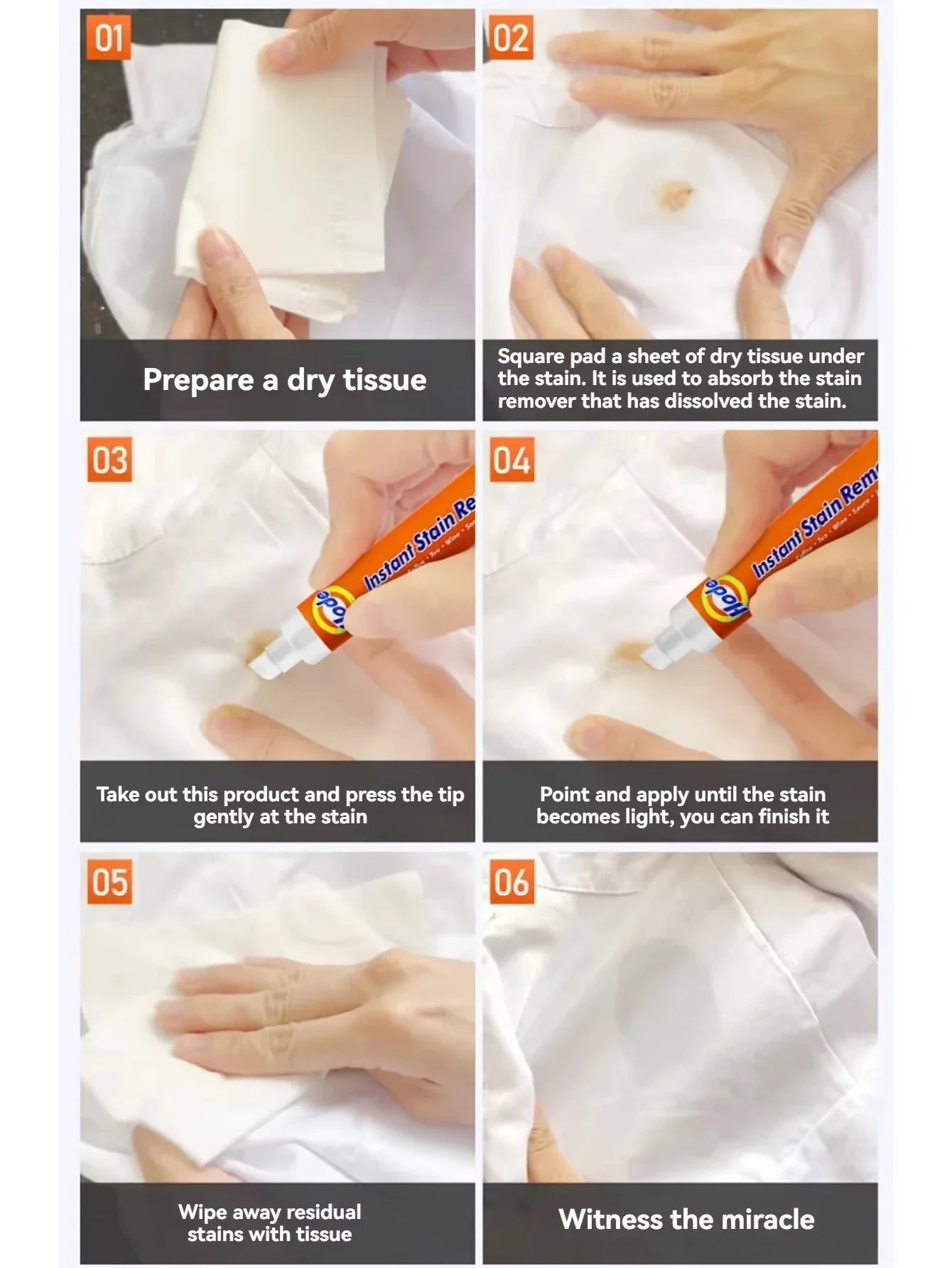 1 2 3 No-wash Portable Stain Remover Pen Travel-friendly Works Food