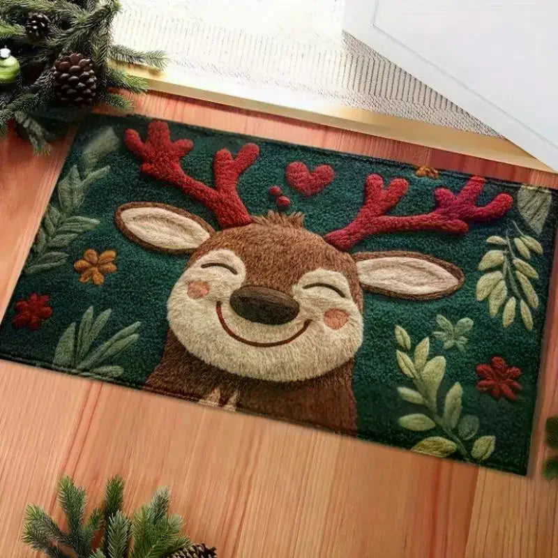 Christmas Deer Fluffy Microfiber Bath Mat - Quick-Dry & Absorbent Festive Holiday Design With Red Berries & Green Leaves Zpaxo