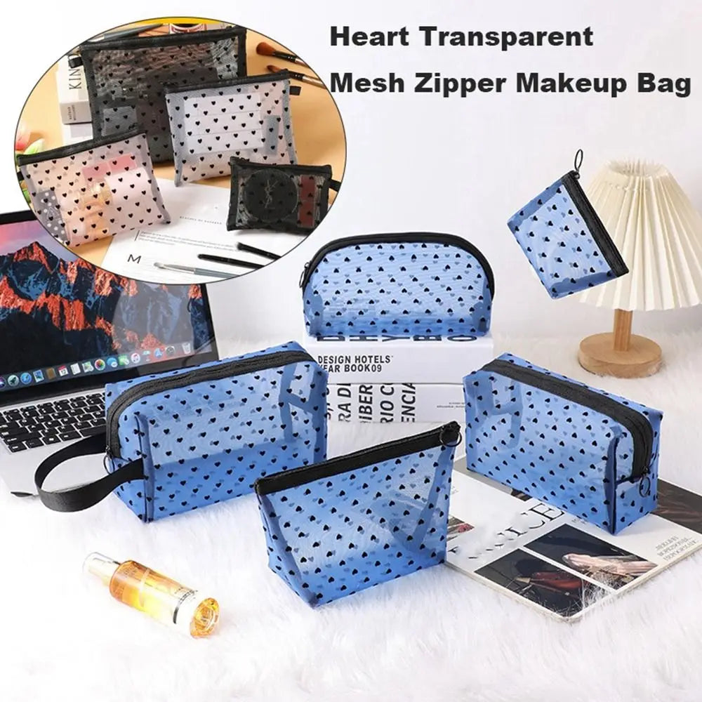 New Heart Transparent Mesh Makeup Bag Multifunction Portable Ladies Toiletry Storage Bag Blue/Purple Lipstick Organizer Bags Zpaxo