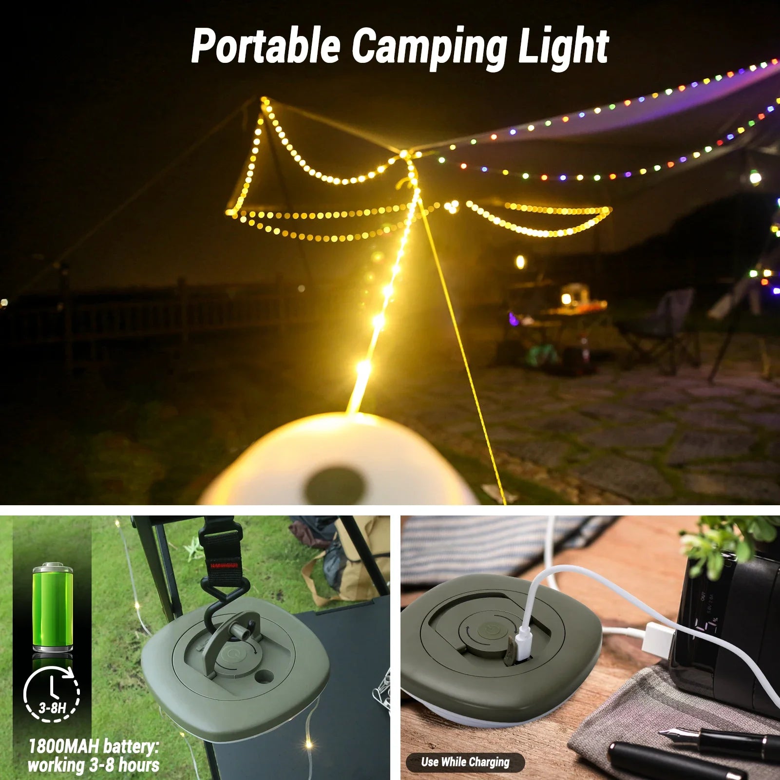 33Ft Camping String Lights 2-in-1 Lantern | 2000mAh Rechargeable
