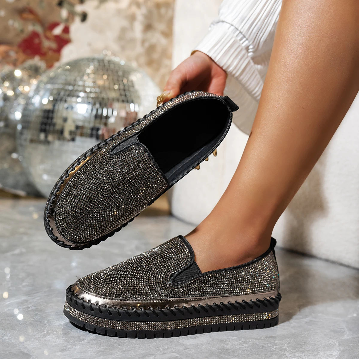 Women Sneakers Slip on Sexy Platform Casual Shoes Female Outdoor Luxury Crystals Flat Sneakers Women Rhinestone Flat Loafers Zpaxo black 40