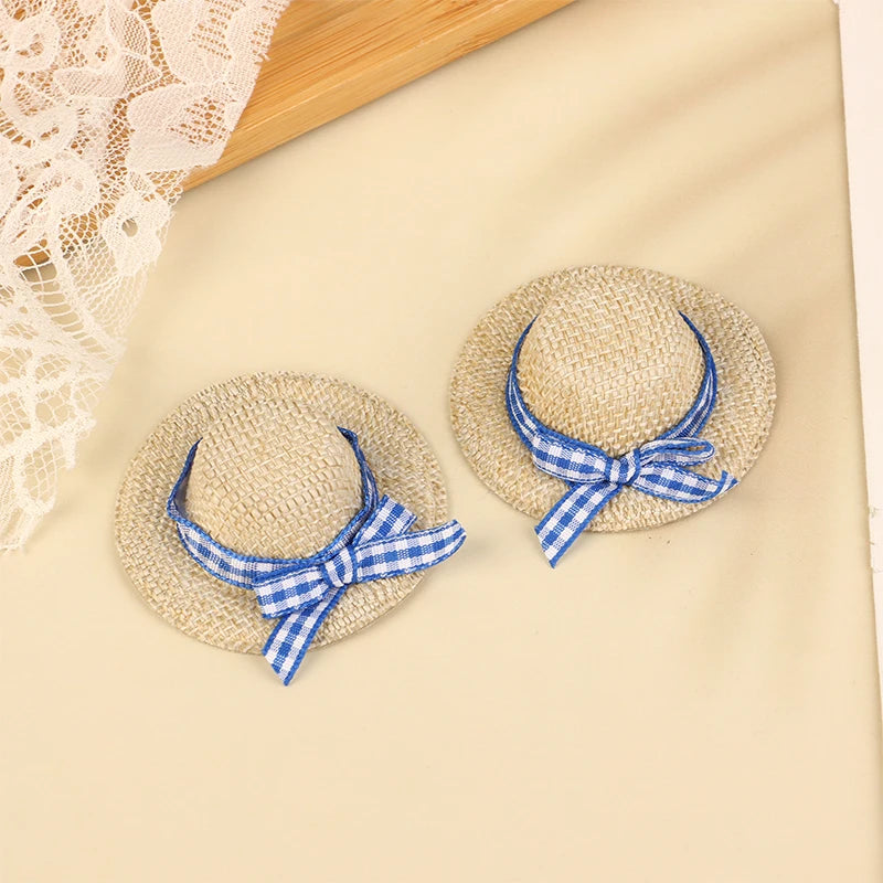 ▶2Pcs Miniature Handmade Style Straw Hat Mini Sun Cap Ribbon With Bow for Doll Decor Accessories Doll House Photo Props Zpaxo Blue