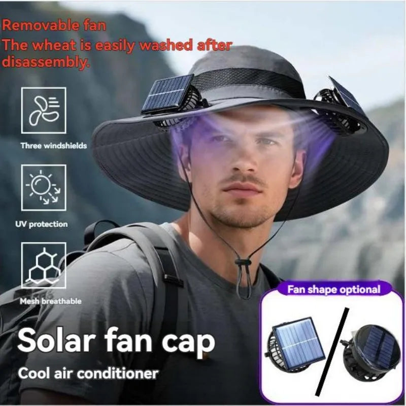 Outdoor Solar Fan Bucket Hat Travel Fishing Sunscreen Big Brim Sun Zpaxo
