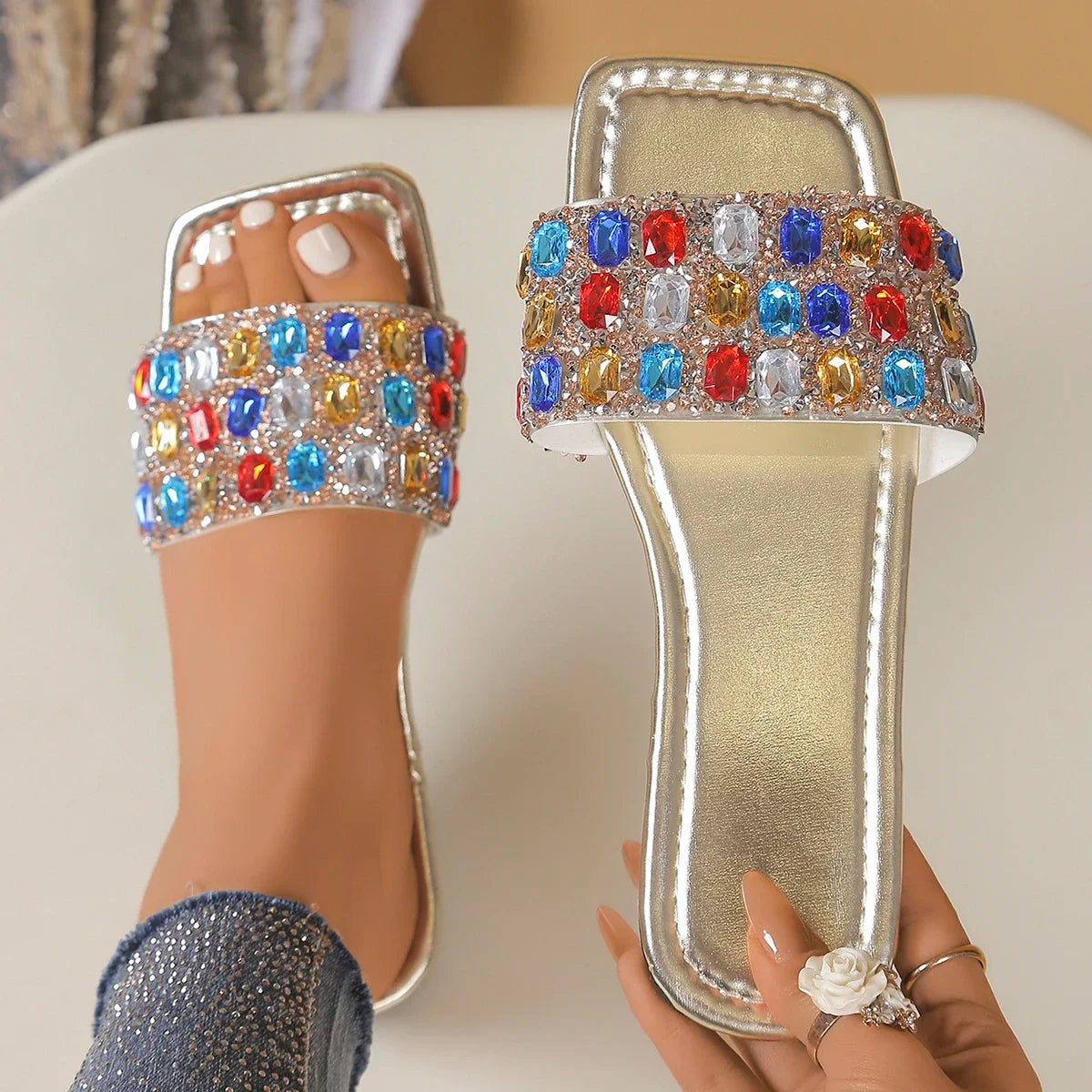 Women Flat Slippers Summer 2025 Fashion Crystal Shoes Ladies Luxury Zpaxo Gold 37