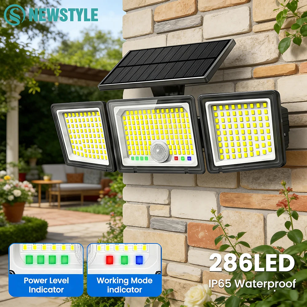 286 LED Solar Powered Motion Sensor Security Light 3-Head Adjustable Waterproof Flood Light Battery Indicator Outdoor Wall Lamp Zpaxo
