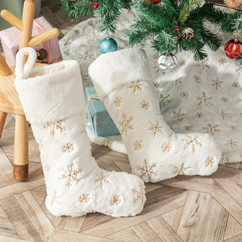 Christmas Stocking Plush Faux Fur Sock Snowflake Sequins Holiday Tree